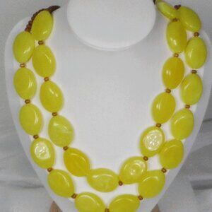VTG Yellow Oval Beaded Necklace Double Strand Tan spacer beads Boho 16-19" L